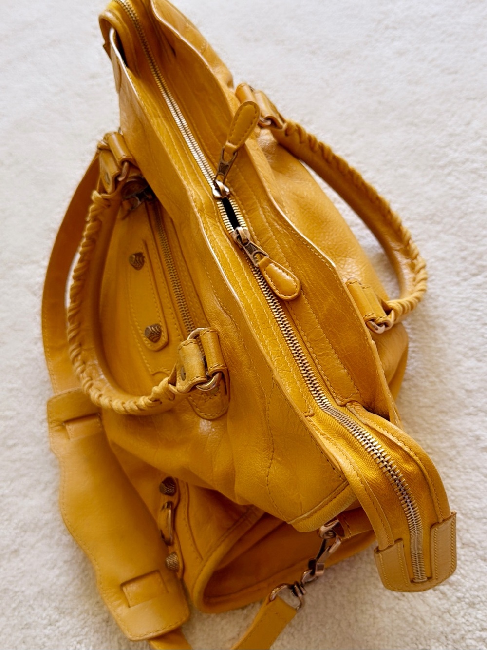 RARE💖 BALENCIAGA Mustard Yellow Medium CITY Motorcycle Shoulder Handbag Vintage - Picture 10 of 14